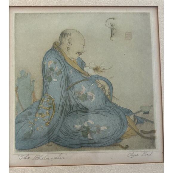 Elyse Ashe Lord signed etching / woodcut “The Philosopher” Antique Asian Theme - Picture 2 of 8